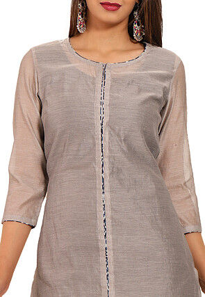 Solid Color Chanderi Silk Straight Kurta in Light Grey