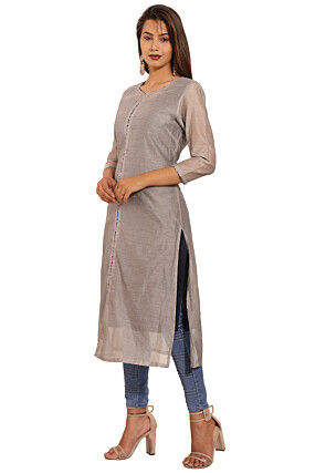 Solid Color Chanderi Silk Straight Kurta in Light Grey