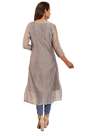 Solid Color Chanderi Silk Straight Kurta in Light Grey