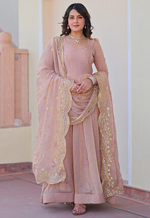 Solid Color Chiffon Abaya Style Suit in Old Rose