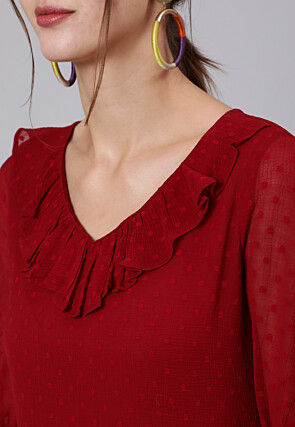 Solid Color Chiffon Dobby Tiered Dress in Maroon