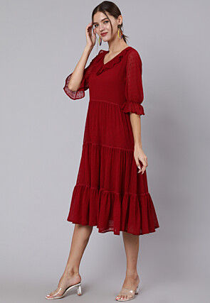 Solid Color Chiffon Dobby Tiered Dress in Maroon