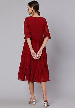 Solid Color Chiffon Dobby Tiered Dress in Maroon