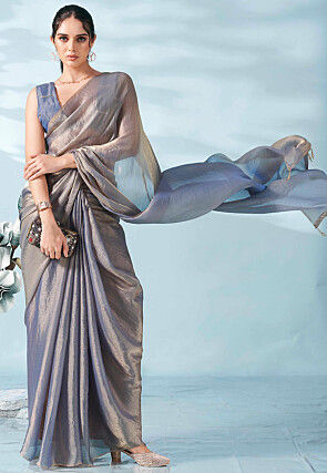 Solid Color Chiffon Saree in Blue and Golden