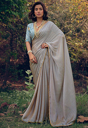 Solid Color Chiffon Shimmer Saree in Grey