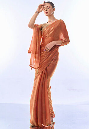 Solid Color Chiffon Shimmer Saree in Rust