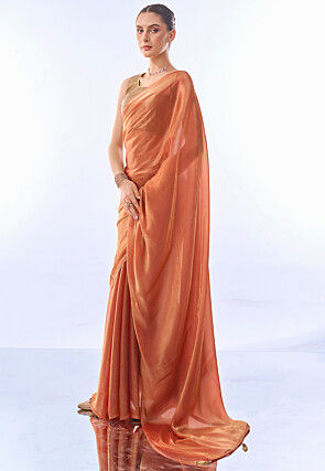 Solid Color Chiffon Shimmer Saree in Rust