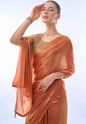 Solid Color Chiffon Shimmer Saree in Rust