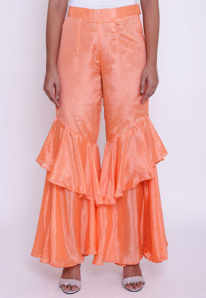Solid Color Chinon Crepe Layered Ruffled Palazzo in Peach