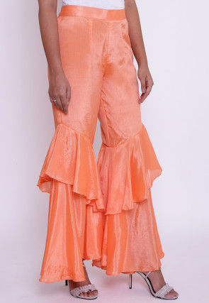 Solid Color Chinon Crepe Layered Ruffled Palazzo in Peach