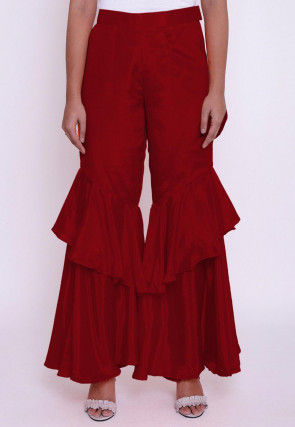 Solid Color Chinon Crepe Layered Ruffled Palazzo in Red  BJG241