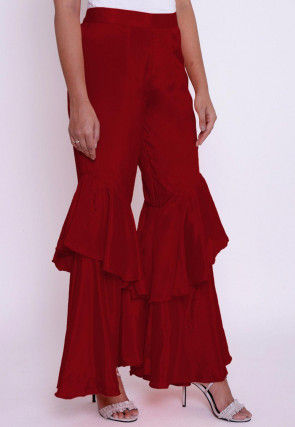 Solid Color Chinon Crepe Layered Ruffled Palazzo in Red
