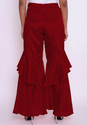 Solid Color Chinon Crepe Layered Ruffled Palazzo in Red