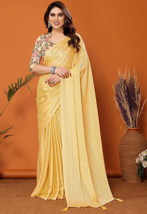 Solid Color Chinon Silk Saree in Yellow