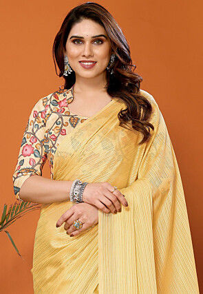 Solid Color Chinon Silk Saree in Yellow
