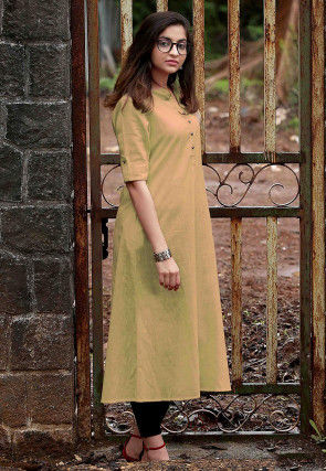 Solid Color Cotton A Line Kurta in Beige