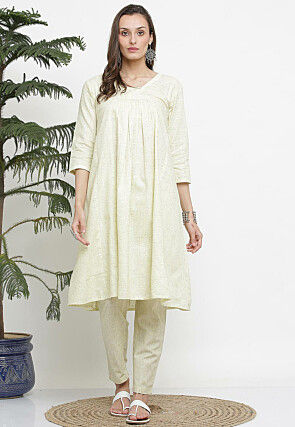 Solid Color Cotton A Line Kurta Set in Off White
