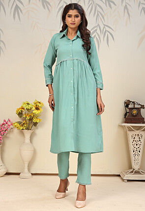 Solid Color Cotton Co Ord Set in Sea Green
