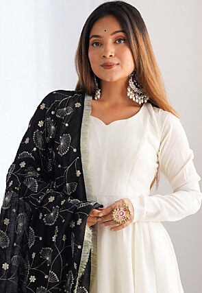 Solid Color Cotton Abaya Style Suit in Off White