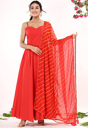 Solid Color Cotton Abaya Style Suit in Red