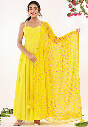 Solid Color Cotton Abaya Style Suit in Yellow