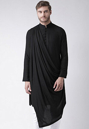 Solid Color Cotton Asymmetric Cowl Style Kurta in Black
