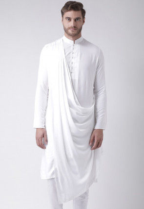 Solid Color Cotton Asymmetric Cowl Style Kurta in White