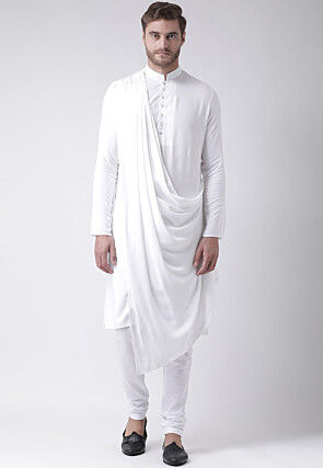 Solid Color Cotton Asymmetric Cowl Style Kurta Set in White
