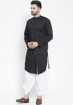 Solid Color Cotton Asymmetric Dhoti Kurta in Black