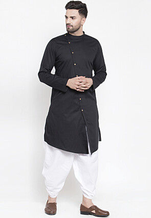 Solid Color Cotton Asymmetric Dhoti Kurta in Black
