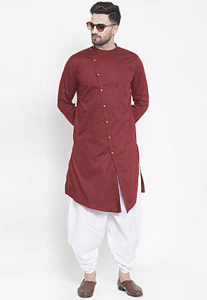 Solid Color Cotton Asymmetric Dhoti Kurta in Maroon