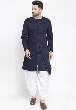 Solid Color Cotton Asymmetric Dhoti Kurta in Navy Blue