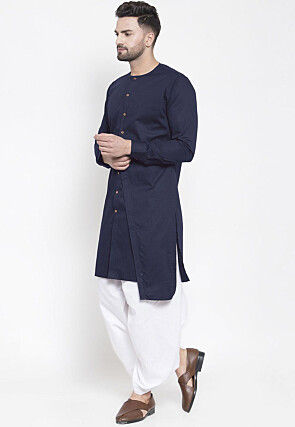 Solid Color Cotton Asymmetric Dhoti Kurta in Navy Blue