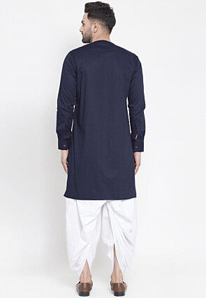 Solid Color Cotton Asymmetric Dhoti Kurta in Navy Blue