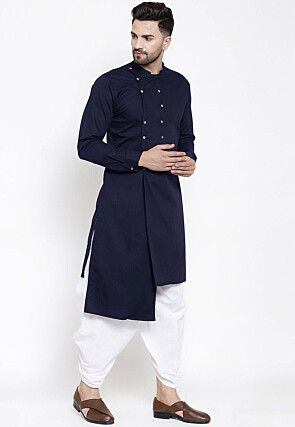 Solid Color Cotton Asymmetric Dhoti Kurta in Navy Blue