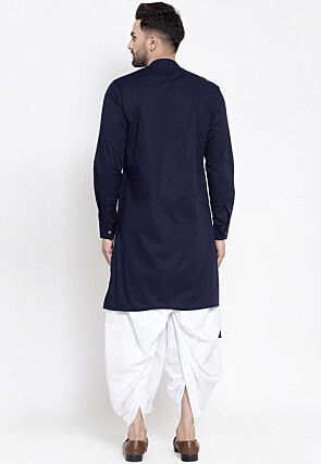 Solid Color Cotton Asymmetric Dhoti Kurta in Navy Blue