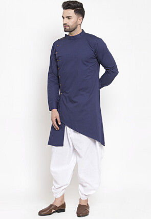 Solid Color Cotton Asymmetric Dhoti Kurta in Navy Blue
