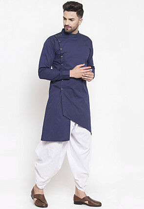 Solid Color Cotton Asymmetric Dhoti Kurta in Navy Blue