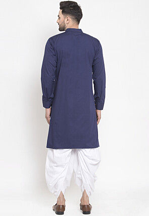 Solid Color Cotton Asymmetric Dhoti Kurta in Navy Blue