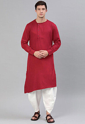 Solid Color Cotton Asymmetric Dhoti Kurta in Red