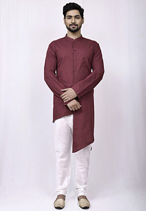 Solid Color Cotton Asymmetric Kurta in Maroon