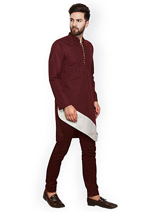 Solid Color Cotton Asymmetric Kurta in Maroon
