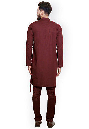 Solid Color Cotton Asymmetric Kurta in Maroon