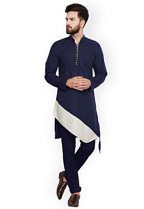 Solid Color Cotton Asymmetric Kurta in Navy Blue