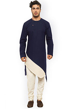 Solid Color Cotton Asymmetric Kurta in Navy Blue