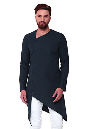 Solid Color Cotton Asymmetric Kurta in Navy Blue