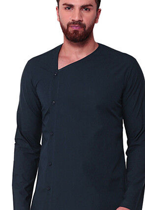 Solid Color Cotton Asymmetric Kurta in Navy Blue