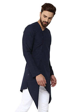 Solid Color Cotton Asymmetric Kurta in Navy Blue