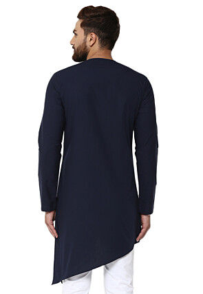 Solid Color Cotton Asymmetric Kurta in Navy Blue