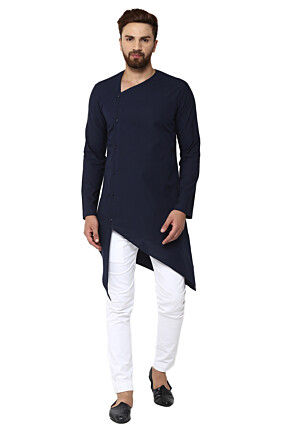 Solid Color Cotton Asymmetric Kurta in Navy Blue
